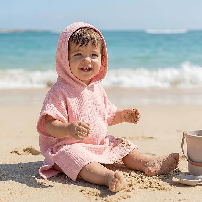 Frienda Muslin Hooded Beach Towel for 0-3 Years Kids Soft Muslin Bath Poncho for Baby Absorbent Fast Drying Blankets for Boys Girls Newborns Toddler Beach Pool Bath Essentials(Pink)