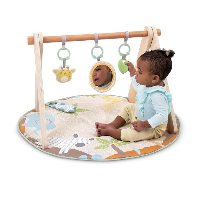 Ingenuity Wonder & Wood Baby Play Mat, Play Gym for Baby, Foldable A-Frame Bar, Machine-Washable Mat, for Ages 0-36 Months