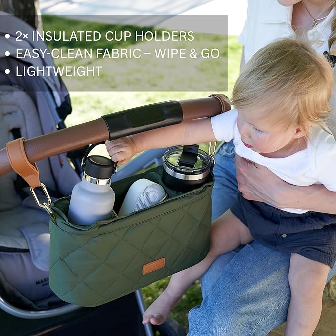 Beautiful Stroller Caddy Organizer With 2 Cup Holders ??Luxury Stroller Bag, Universal Fit, Leather Straps & Zipper Pocket ??Spacious Accessories Perfectly Fits Doona, Nuna & Uppababy Strollers
