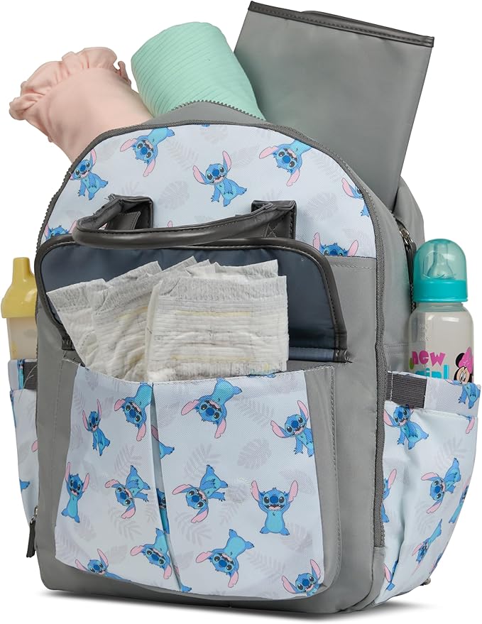 Disney Diaper Bag Backpack with Changing Pad Stich ??16??Nylon Baby Bag for Parents, Insulated Bottle Holders, Multiple Storage Pockets