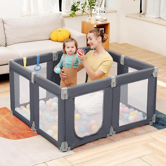 Dripex Portable Folding Playpen, 49"×47" Compact Baby Playpen, Indoor/Outdoor Safety Gate with Dual Gates & Breathable Mesh, Grey