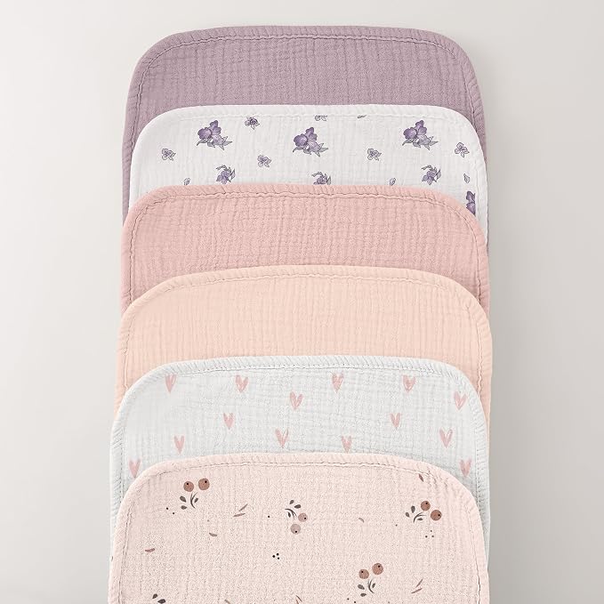 Bearmoss Muslin Burp Cloths, 100% Cotton Baby Burping Clothes, Large Extra Soft Absorbent for Unisex Newborn Boy and Girl, 20x10in, 6 Pack, Pink Print