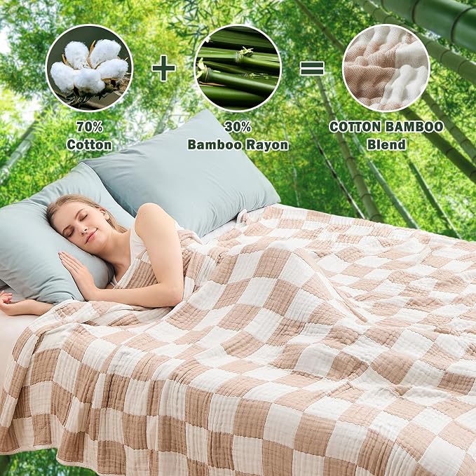EMME Cooling Muslin Blanket for Adults - Checkered Lightweight Summer Cotton Throw Blankets of Rayon Derived from Bamboo for Hot Sleepers, Ultra Soft Breathable Gauze