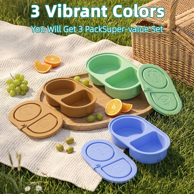 3 Pcs Reusable Bento Box, 2-Compartment Snack & Lunch Container for Adults, Food Grade Silicone, Microwave/Dishwasher/Freezer Safe, Ideal for School, Office, Camping and Picnic