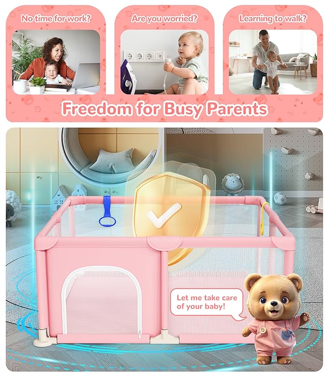 Dripex Baby Playpen, 50"x50" Small Playpen for Babies, Enhanced Safety Baby Play Yard for Indoor & Outdoor, Infant Play Pen with Soft Breathable Visible Mesh, Anti-Fall Design & Easy Setup, Pink