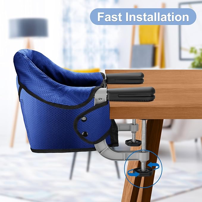 Fast Table Chair Hook on Chair Clip on Table Clamping Chair Portable Heavy Duty Feeding Seat, Fold-Flat Storage, Attach to Table Removable Travel Chair for Babies and Toddlers (Bright Blue)