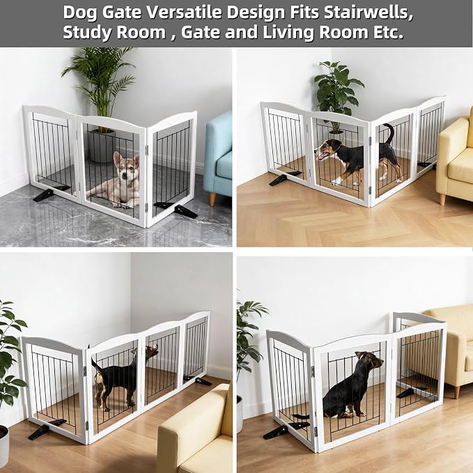 Dog Fence Indoor,Dog Gate Indoor for Doorway pet gate -3-Panel Freestanding, Hallways, House or Stairs -60x32-Inch Retractable Foldable Expandable Wood Pet by SFJC (White) ﻿
