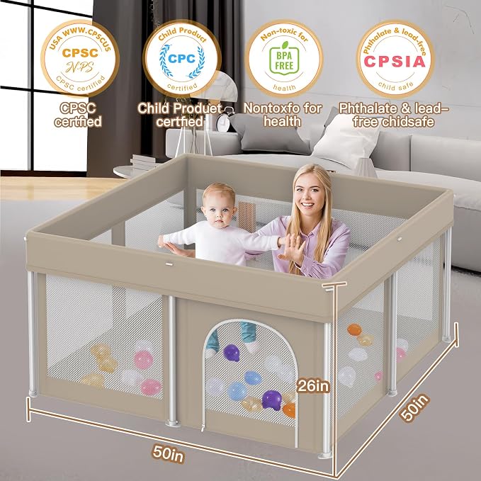 Foldable Baby Playpen 50"×50", Playard for Babies and Toddlers, Portable Safety Baby Fence Lightweight,No Installation, Indoor & Outdoor Playpen with Ocean Balls*50, Beige