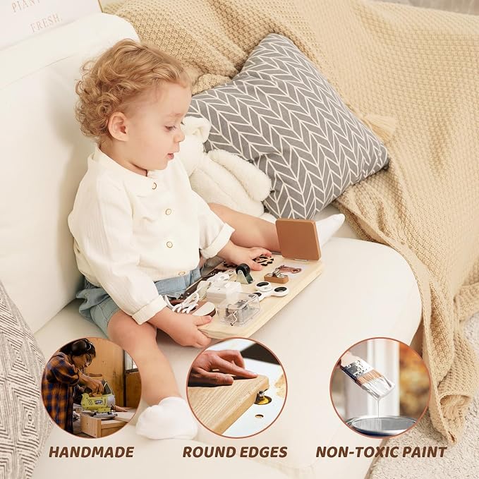 Potatomato Busy Board Toddlers - Montessori Educational Fidget Toys for Baby - Wooden Sensory Toys Autistic Children - Preschool Learning Activities Fine Motor Skills – Travel Toy for 3 4 Years