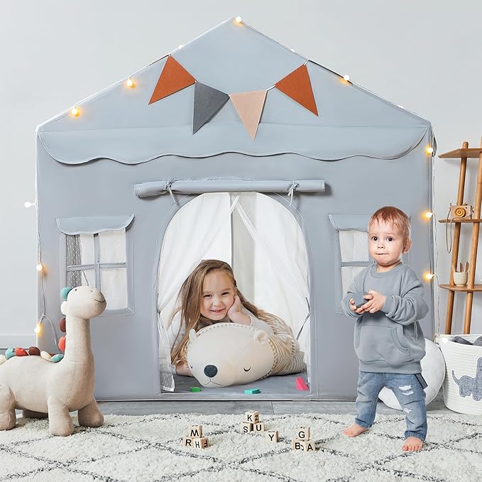 besrey Kids Tent, Kids Play Tent 2 in 1 with Padded Mat and Lights, Large Playhouse with 2 Doors & 4 Windows, Indoor & Outdoor, Halloween Toddler Playhouse, 51" x35" x 51" (Gray)