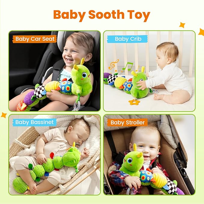 Baby Toys 0-6 Months, Washable Baby Musical Caterpillar Toys with 10 Children's Songs,Rattles,Teething Toys,Suitable for 0-6, 6-12 Months Infant Tummy Time Toy,Newborn Baby Boy&Gril Toy(Green)