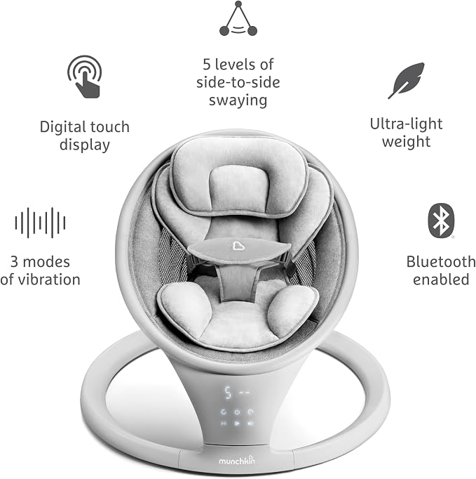 Munchkin Electric Baby Swing with Vibration - Portable Swing for Newborn and Infant, Bluetooth-Enabled Smart Seat with Music, Motion, and Sounds, Light Grey