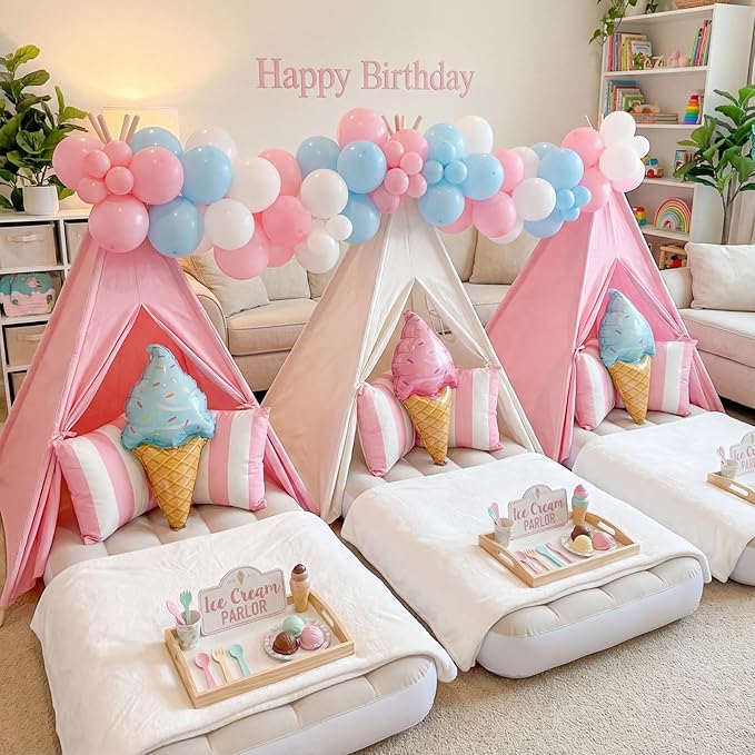wilwolfer 2 Pack Teepee Tent for Kids with Inflatable Airbed, Indoor Play Tent Foldable for Boys Girls Party Sleepover Slumber Gifts Toy(Pink, White)