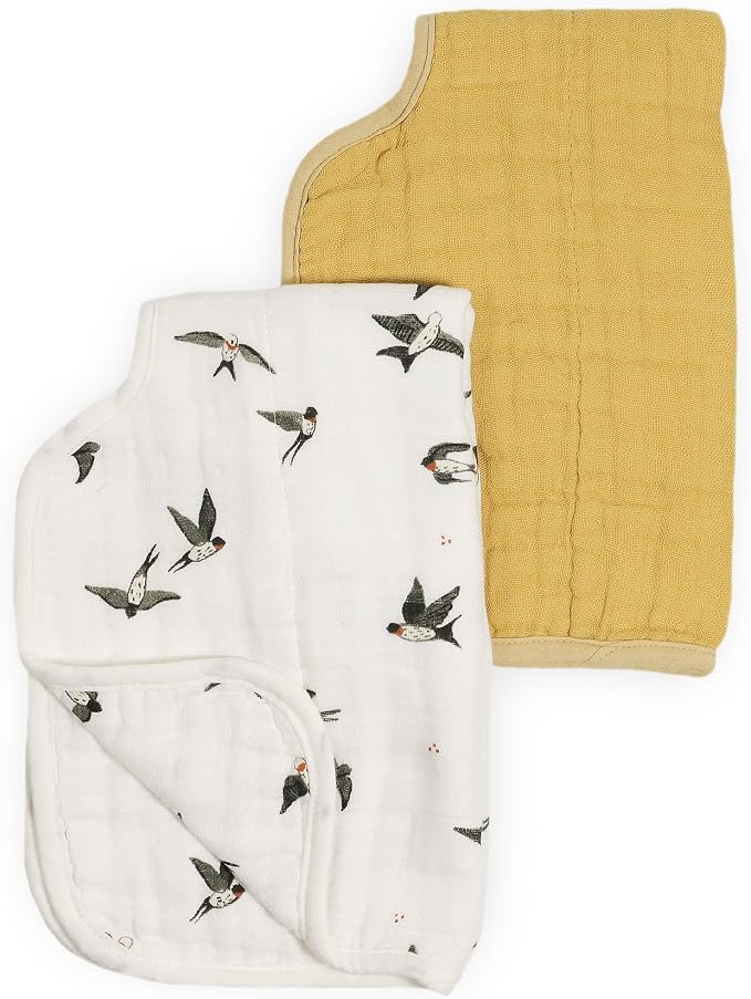 Little Unicorn 100% Natural Organic Cotton Burp Cloth 2 Pack | Ultra-Absorbent & Soft Muslin Fabric | Larger Size & Ergonomic Design (Swallows + Wheat)