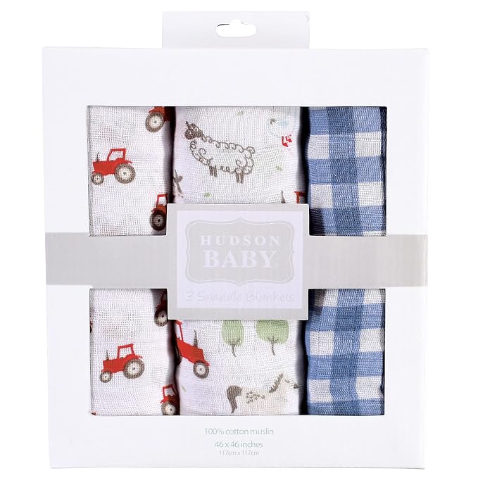 Hudson Baby Unisex Baby Cotton Muslin Swaddle Blankets, Boy Farm Animals, 3-Pack
