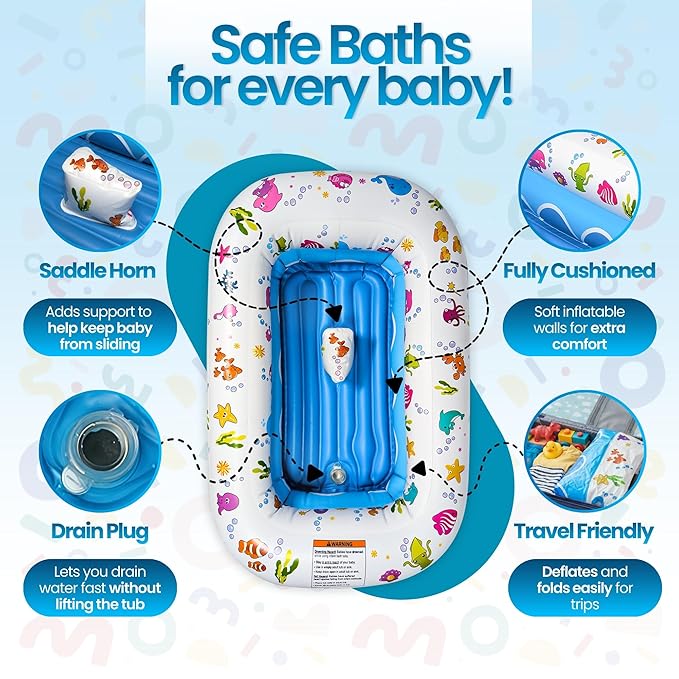 Mommy's Helper | Inflatable Under The Sea Baby Bathtub, Collapsible Safe Baby Bath Tub with Anti-Sliding Saddle Horn Seat, Must Have Travel Toddler Bath, Portable Bathtub Recommended Months 3 to 15