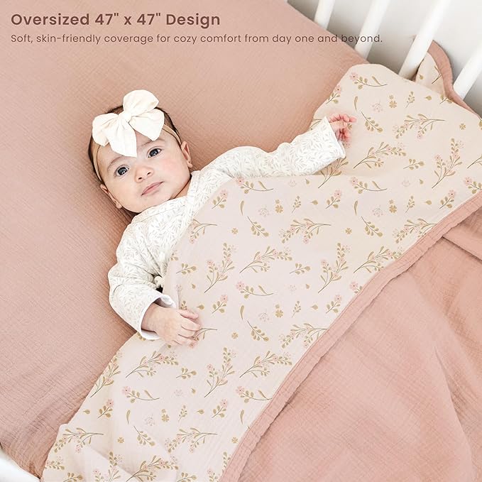 Konssy Muslin Baby Blankets for Girls Boys 47"x47", 100% Cotton Crib Blanket for Infant Toddler, Super Soft and Lightweight Nursery Swaddling Wrap (Floral)