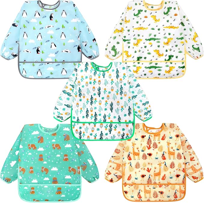 Accmor 5 Pack Long Sleeve Bibs, Baby Smock Waterproof Sleeved Bib Smock for Baby Toddler 6-36 Months