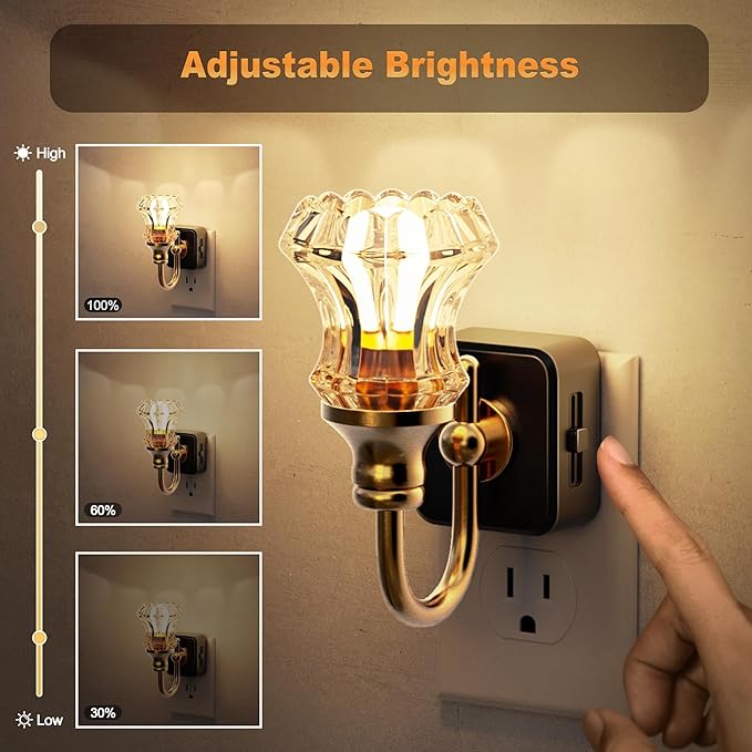 JandCase Night Light, Night Lights Plug into Wall, Dimmble Floral Glass LED Nightlight, 0-100 LM Flower Nightlights, Dusk to Dawn Sensor, 1W Vintage Nite Light for Bathroom Hallway Gift Vanity Decor