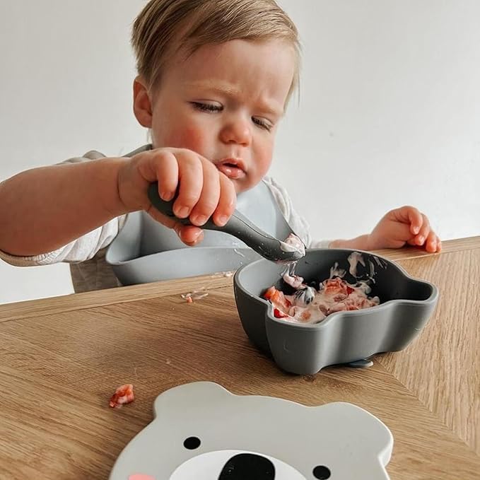 TUM TUM Suction Bowl For Baby, Toddler Bowl With Lid & Spoon, For Babies & Toddlers 6 Months+, BPA Free Silicone Baby Feeding Set, Microwave/Dishwasher/Freezer Safe, Kev Koala, Grey