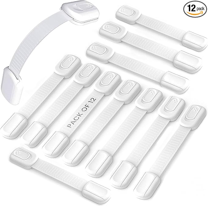12 Pack Child Proof Cabinet Locks, Adjustable Strap Locks, Baby Proofing, No Drill, Strong 3M Adhesive Safety Latches for Drawers, Fridge, Cupboard, Oven, Toilet Seat, Trash Can (White)