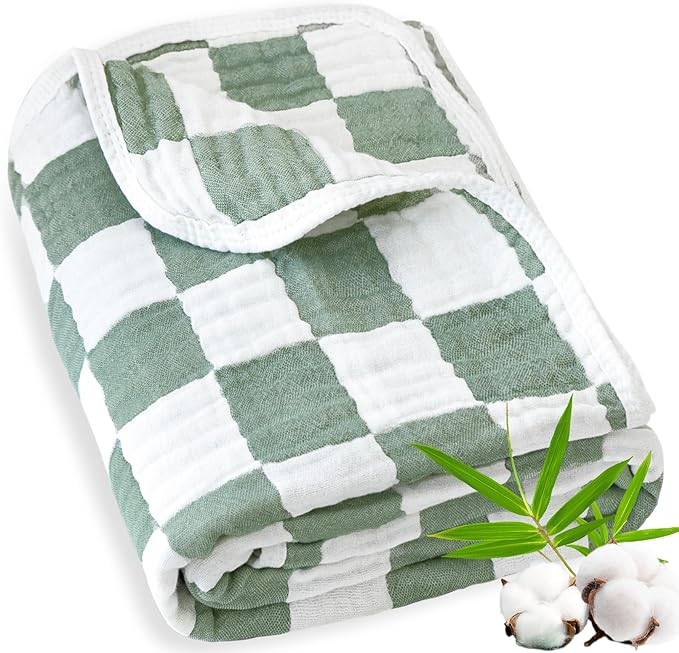 Muslin Baby Blanket Unisex Sage Green Checkerboard Toddler Blanket for Bed, 70% Cotton and 30% Rayon Breathable Swaddle Blankets for Newborn Infant 43 x 43 Inches
