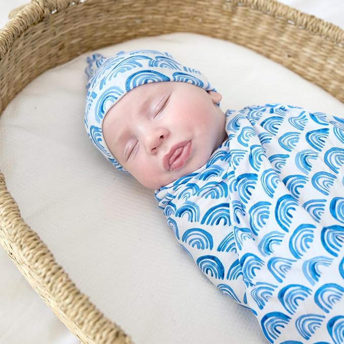 Little Sleepies Swaddle & Hat Set, Baby Swaddles Newborns, Soft Viscose from Bamboo Swaddle Blanket Wrap (Blue Rainbows)