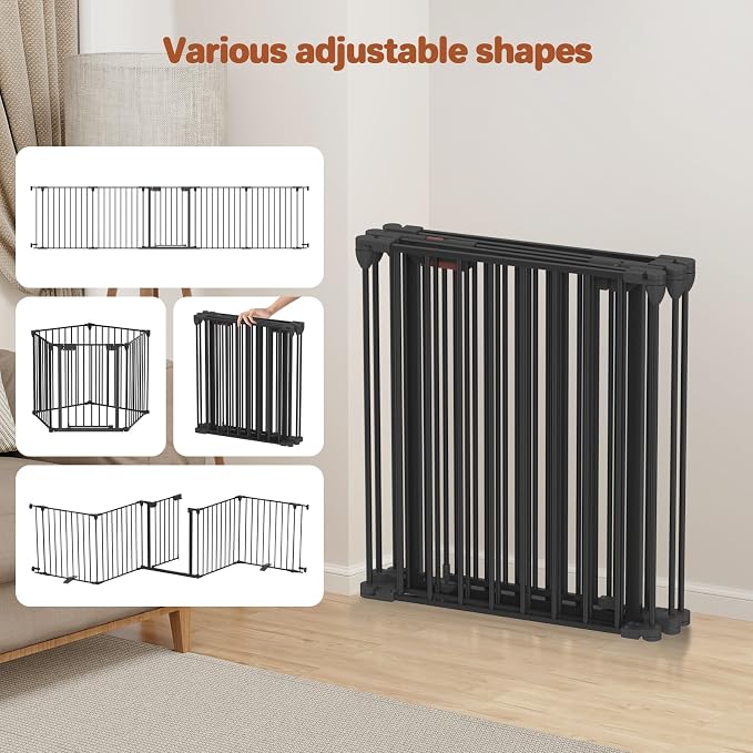 Kfvigoho Baby Gate 27.5"-129" Extra-Wide Playpen, Play Yard Child Safety Fence, Dog Gate with Auto-Close Door, Double Locking System for Fireplace, Foldable 5 Steel Panels, Black