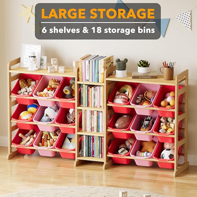 SpaceAid Large Toy Storage Organizer with 6 Shelves and 18 Bins, Book Shelf Organizers Storage Bookshelf, Kids Bin Shelf Box Bookcase for Bedroom Playroom Organization Room Decor, Red and Pink