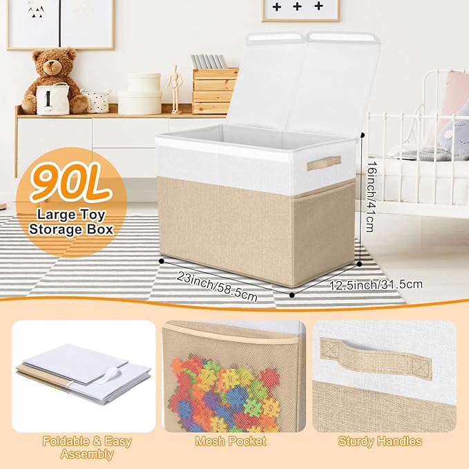 3 Pack Large Storage Bins Set 23" Toy Chest Storage with Lids and 11" Cubes Organizer Bins for Kids Bedroom Closet Shelf Organizer for Clothes Blankets Nursery Playroom(Beige White)