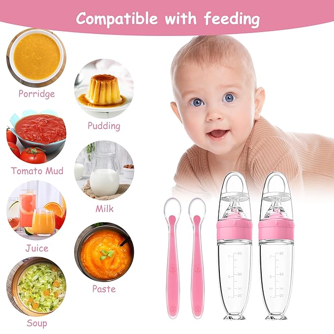 WAJIAYON Baby Food Feeder 4 Pack Silicone Baby Food Dispensing Spoon-3 oz Squeeze Feeding Spoons with Suction Cup for Boys Girl Kids Toddlers - Self Feeding Bottle Spoon-Peach Pink