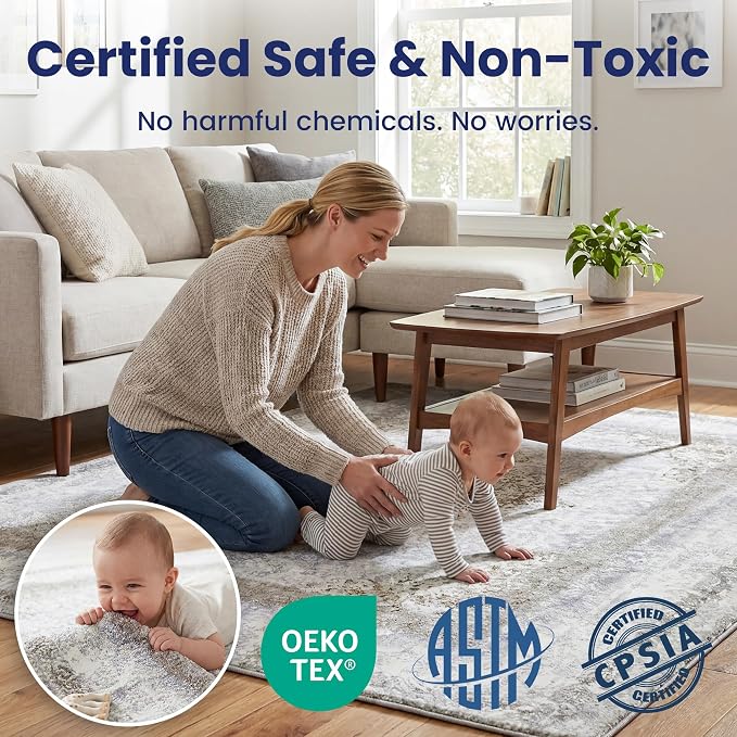 Huloo Sleep Baby Play Mat for Floor - 79x59 Inches 1.3" Thick Elasti-Foam Playpen Mat for Toddlers Infant Kids, Water-Repellent Nursery Rug, Non-Slip Backing for Crawling & Tummy Time, Brown Rustic