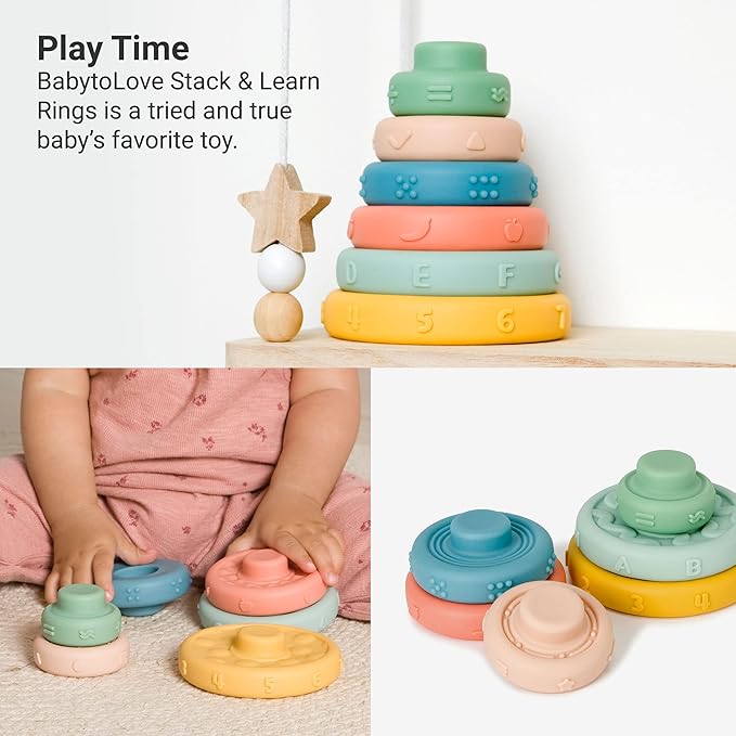 BabyToLove Stack & Learn Rings | Montessori Stacking Toy for Babies | 6 Soft Sensory Baby Rings for Learning & Development | Early Childhood Stacking Toy | Fun Shapes