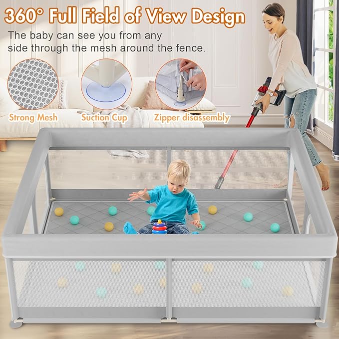 Omzer Baby Playpen with Mat 71x59inch: Large Playpen for Babies and Toddlers Indoor Safety Play Pen with Soft Breathable Mesh - All-Wrapped Sponge Sturdy Play Yard with Stable Mat Magic Sticker