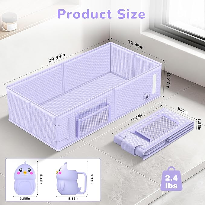 Collapsible Baby Bathtub, Foldable Toddler Bath Tub with Chick Pattern Bath Rinse Cup, No Assembly Portable Travel Bathtub for 6M-5Y, Ideal for Shower, Travel Essentials & Baby Registry Gift