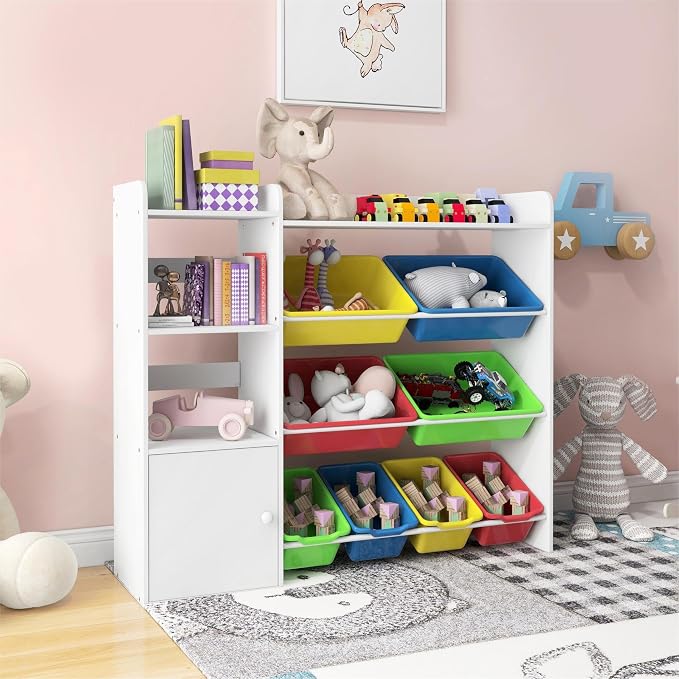Xilingol Kids Toy Storage Organizer, 4-Tier Toy Organizers W/8 Removable Storage Bins, Kid Bookshelf and Toy Storage for Study Room, Bedroom, Kids Room, Classroom, Nursery