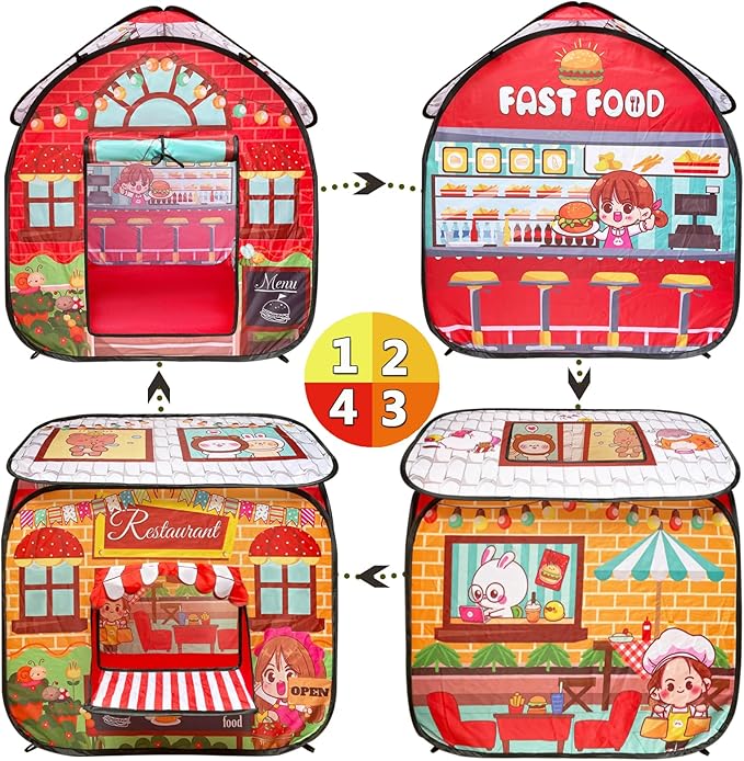 TikOnsYol Kids Pop Up Fast Food Restaurant Play Tent, Playhouse Indoor Outdoor Folding Portable Play Tent for Kids Boys and Girls