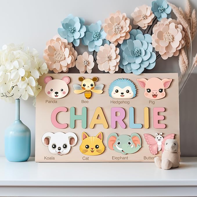 Custom Baby Name Puzzle with Animals, Baby Girl and Boy Gift, Personalized Puzzles for Toddlers, 3 6 9 12 15 18 24 36 Months Toy, Custom Babys Gift, Boy and Girl Personalized Wood Toy