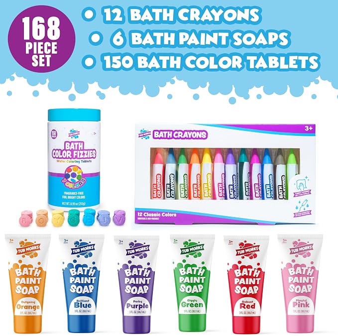 Tub Works® My Colorful Bath™ Kids Bath Set | Nontoxic | Fizzy Bath Color Tablets (150 Count), Smooth™ Bath Crayons (12 Pack) & Bath Paint Soap (6 Pack) | Creative Bath Toys for Toddlers & Kids