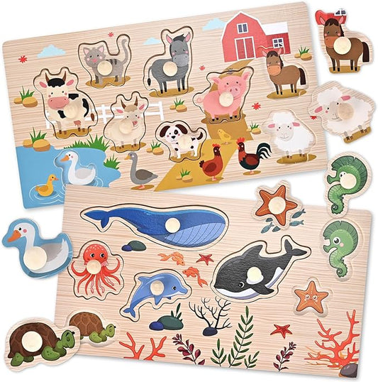 Wooden Peg Puzzles for Toddlers 1-3, 2 Pcs Montessori Puzzles, Animal & Sea Themes Puzzles, Great Preschool Educational Learning Gifts for Girls and Boys