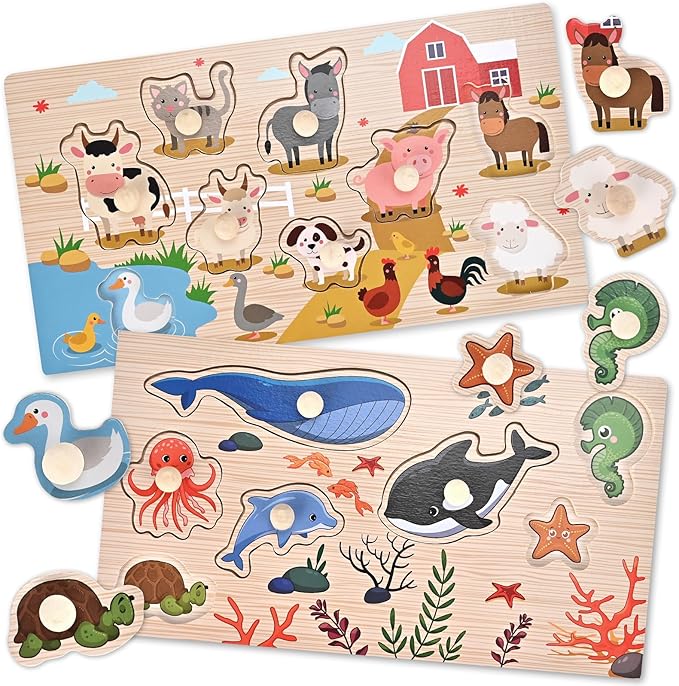 Wooden Peg Puzzles for Toddlers 1-3, Montessori Puzzles, Great Preschool Educational Learning Gifts for Girls and Boys