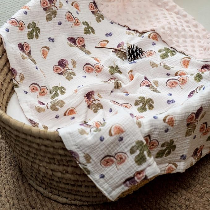 GLLQUEN BABY Blankets for Girls, Soft Muslin Cotton Front Dotted Fleece Backing, Nursery Minky Crib Blanket for Infant Toddler, 30 x 40 inches Throw Blanket, Pink & Fruits