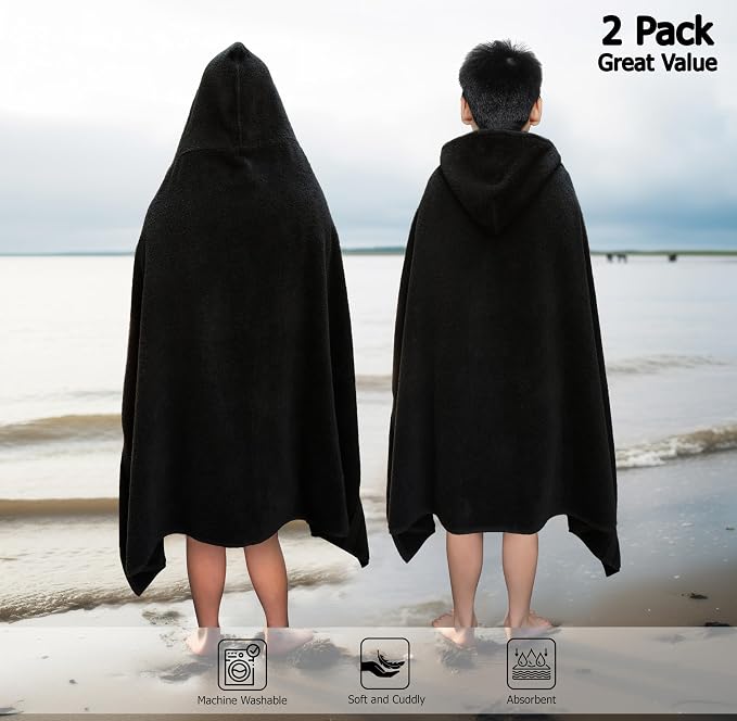 ORIGINAL KIDS Hooded Bath Towel Wrap - 2 Pack - Ultra Soft 100% Cotton Terry Large Oversized Hooded Kids Towel - Shower Pool Beach - 579 GSM Absorbent Quick Dry Plush Gift - 30 x 54 - Black