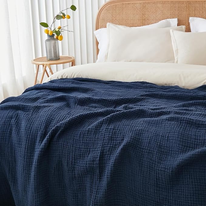 EMME Cotton Muslin King Blanket Big Oversized Bed Layering Bedspread Coverlet Breathable Gauze Soft Lightweight Blankets (Navy, 120"x94")