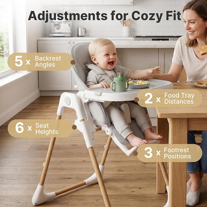 Baby High Chair, Convertible Folding Highchair with Dishwasher-Safe Tray, Adjustable Heights, 5-Point Harness, Portable Dining High Chairs for Babies and Toddlers (Wood Grain+Light Gray)