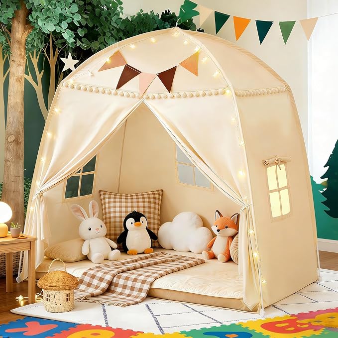 Large Teepee Tent for Kids: with Star Lights & Flags - 3-Window Cone Ball Playhouse for Indoor & Outdoor - Portable & Foldable Gift for Boys & Girls - Cream, 59.1"x39.4"x59.1"