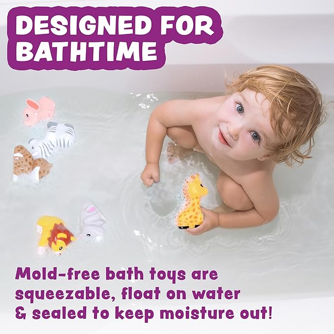 Tub Works® Savanna??Mold Free Bath Toys, 6 Pack | Sealed, No Hole Bath Toys Design Keeps Moisture Out | Soft, Squeezable & Float on Water | Easy-Grip Baby & Toddler Bathtub Toys | Great Baby Pool Toys