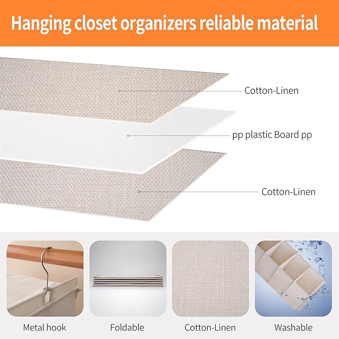Large Hanging Sweater Organizer for Closet,Collapsible 6-Shelf Hanging Closet Shelves with Drawers, Washable (Beige -5 Shelf-2 d)