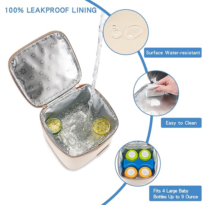 Breastmilk Cooler Bag with Ice Pack Fits 4 Baby Bottles Up to 5 Ounce, Baby Bottle Cooler Bag Great for Nursing Mom Daycare,Beige
