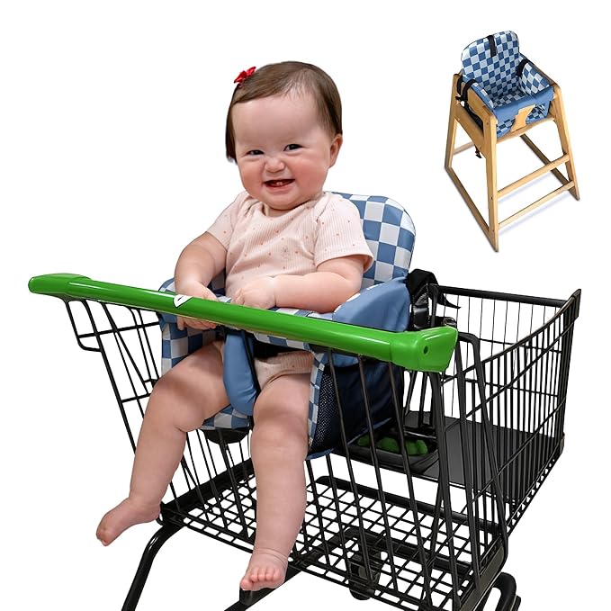 Shopping Cart Seat Cover for Baby, High Chair & Grocery Seat Protector, Padded Chair Covers for Restaurant Seats, Unisex Machine Washable Grocery Cart Liner & Swing Insert ??Blue Checkered